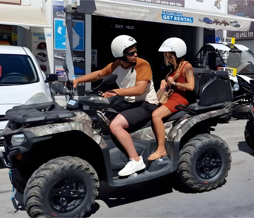 ATV tour riders exploring Santorini caldera viewpoint